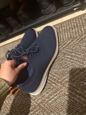 Cole Haan Navy Knit Lace-Up Sneakers with Tan Accents